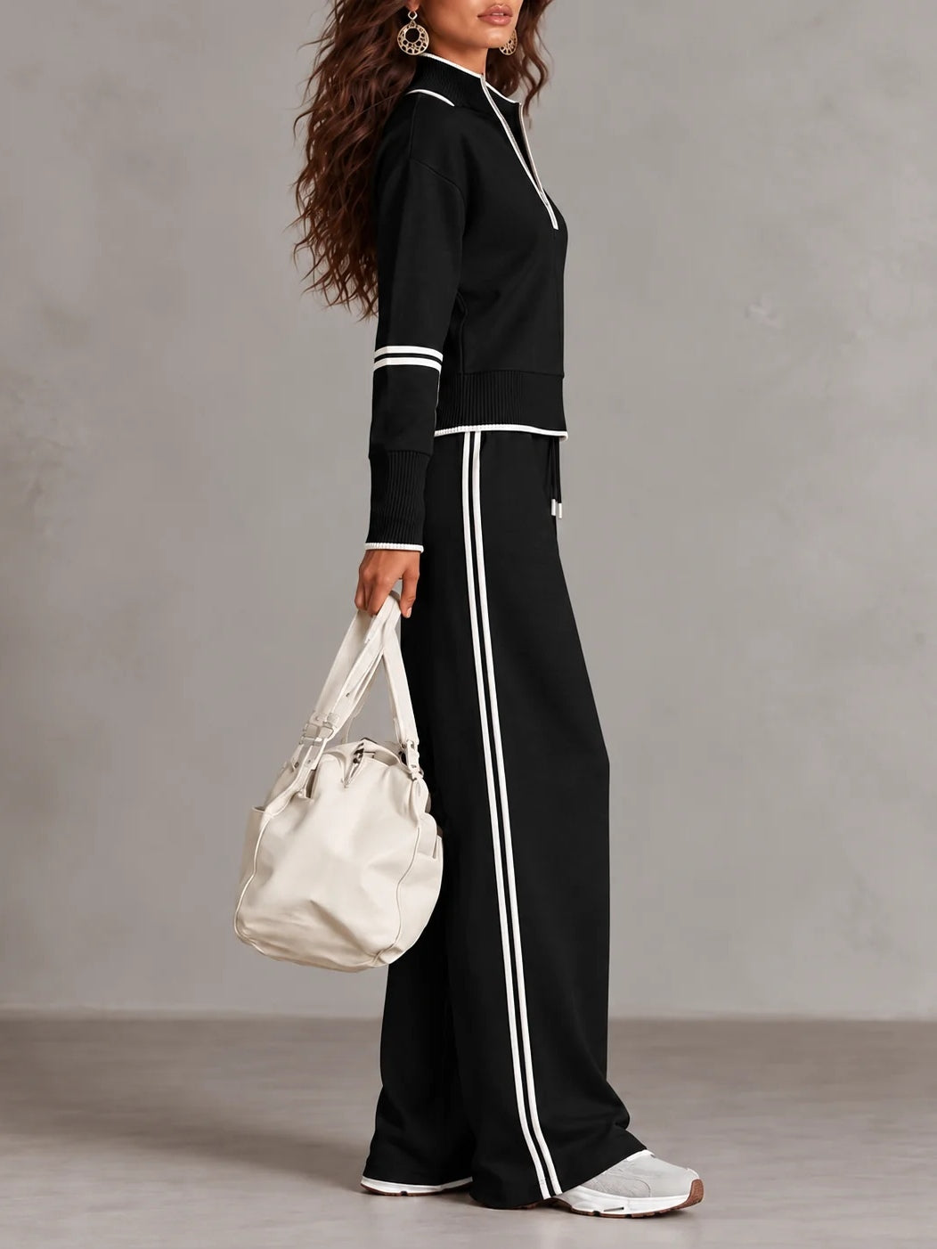 White Half-zip Collar Ribbed Sweatshirt And Color-blocked Wide-leg Pants Suit