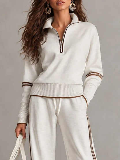 White Half-zip Collar Ribbed Sweatshirt And Color-blocked Wide-leg Pants Suit