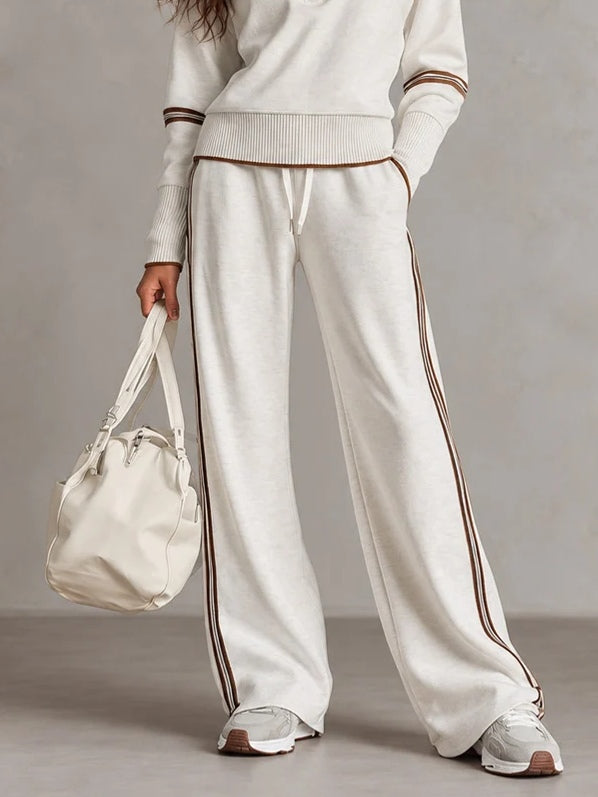 White Half-zip Collar Ribbed Sweatshirt And Color-blocked Wide-leg Pants Suit