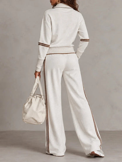 White Half-zip Collar Ribbed Sweatshirt And Color-blocked Wide-leg Pants Suit