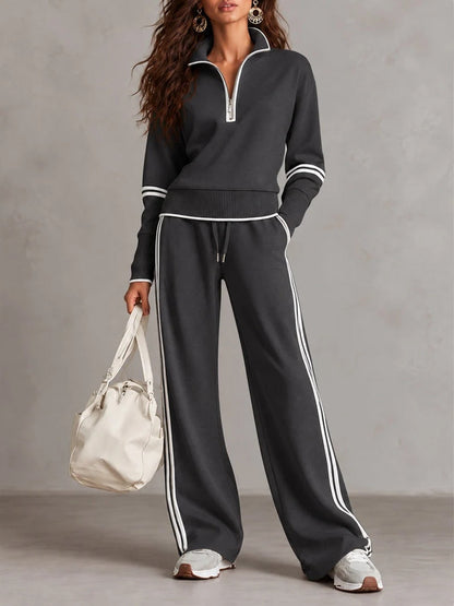 White Half-zip Collar Ribbed Sweatshirt And Color-blocked Wide-leg Pants Suit