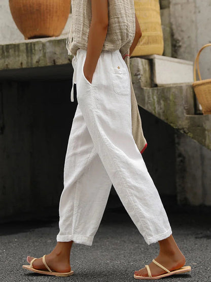 Solid Color Cotton Linen Lace Up Loose Casual Pants